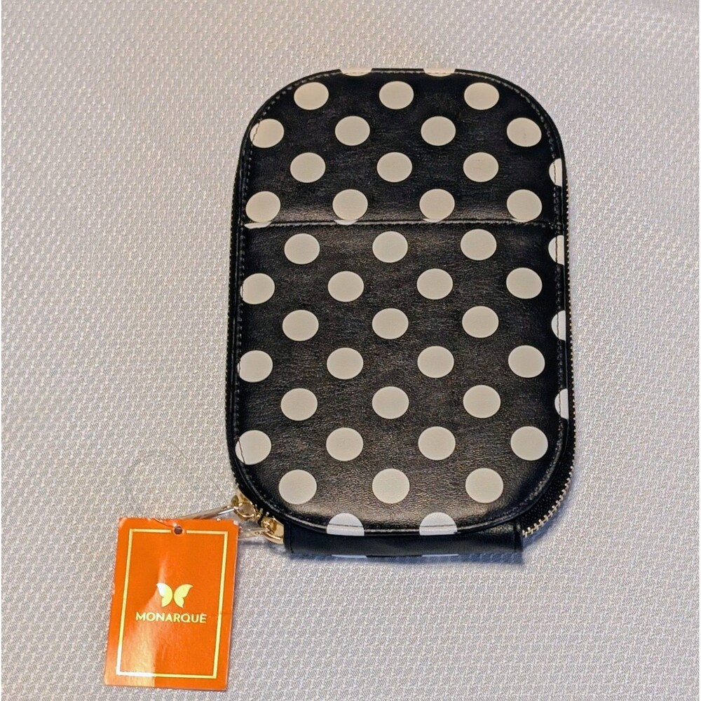 Monarque Black and White Polka Dot Crossbody Bag Clutch Durable Zip Closure NWT